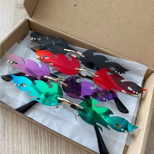 Unworn Fire Flame Shaped Sunglasses Set (Black, Red/Orange, Purple, Green/Blue)
